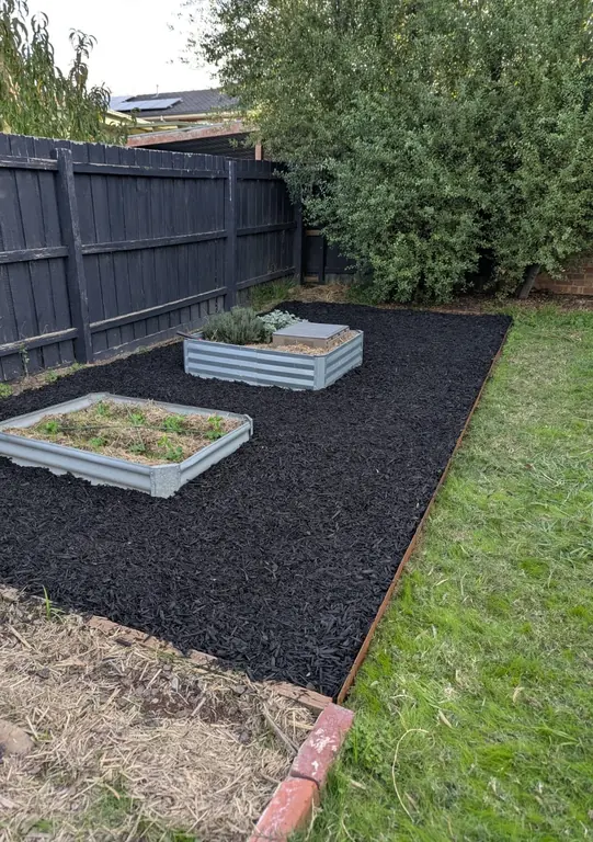 The same vegetable garden after mulching, with fresh black mulch laid flat around the raised beds and a clean edge cut against the lawn.